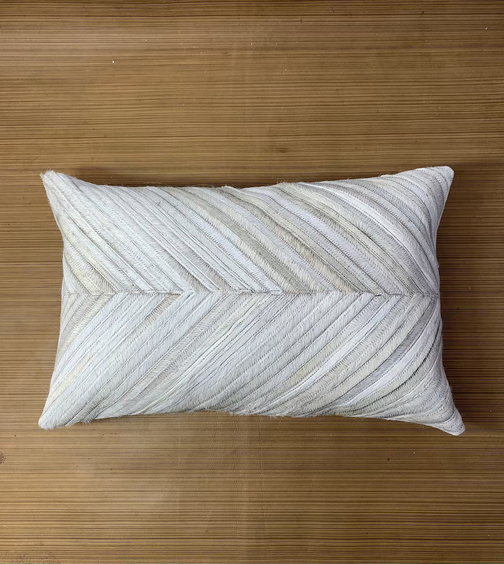 Cowhide Lumbar Pillow Cover: Ivory White Leather, Hair On Hide (12x20/14x24)