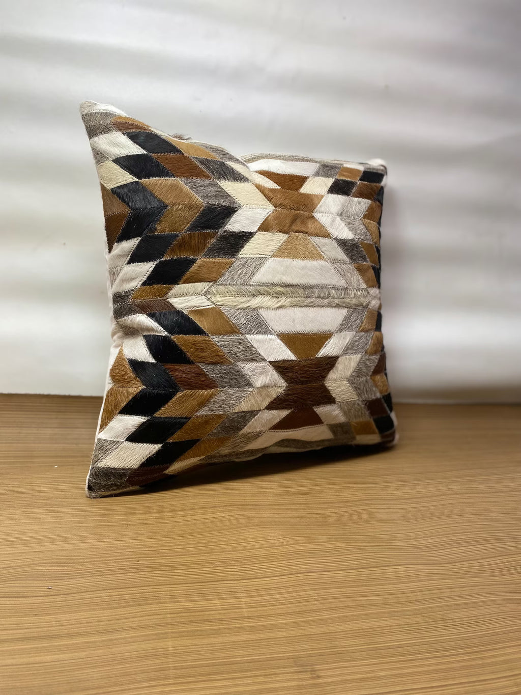 Geometric Cowhide Pillow Cover: Handmade Leather Patchwork Cushion