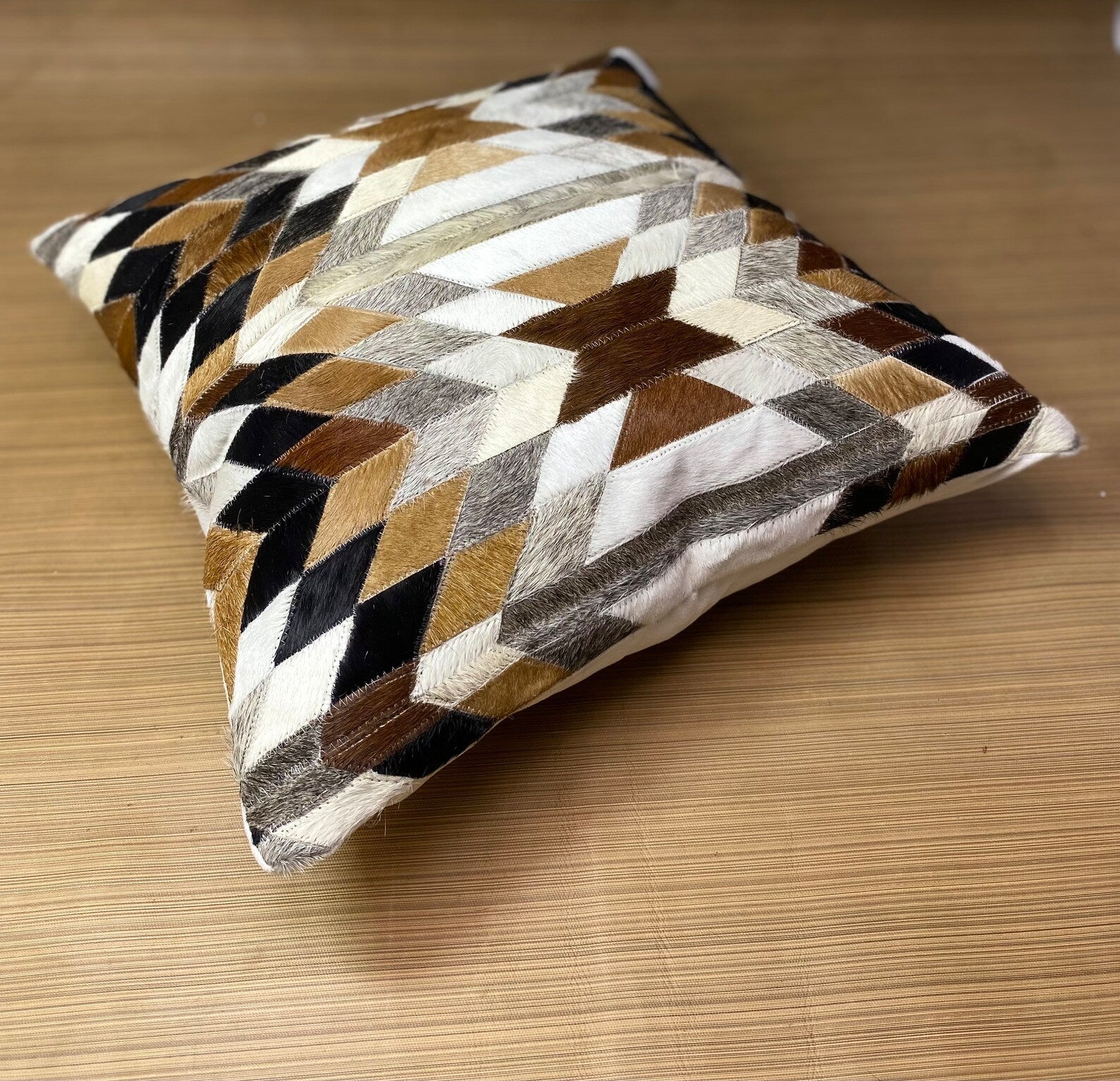 Geometric Cowhide Pillow Cover: Handmade Leather Patchwork Cushion