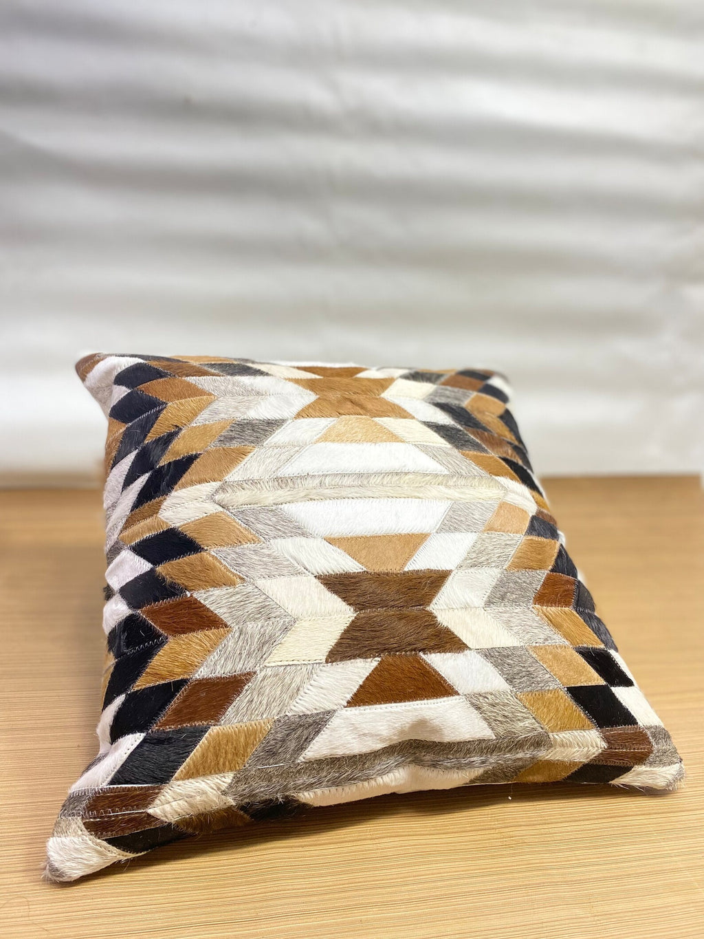 Geometric Cowhide Pillow Cover: Handmade Leather Patchwork Cushion