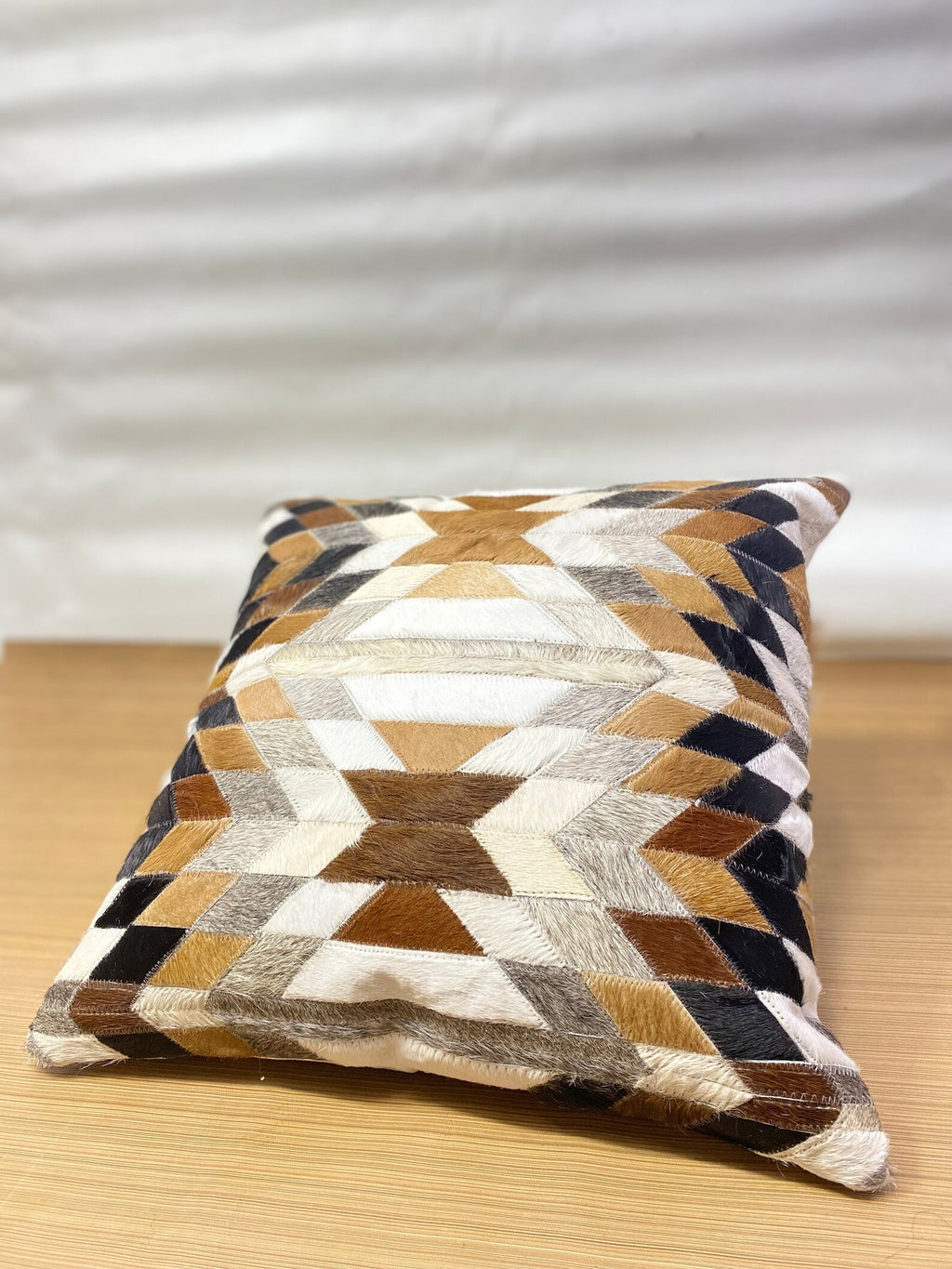 Geometric Cowhide Pillow Cover: Handmade Leather Patchwork Cushion