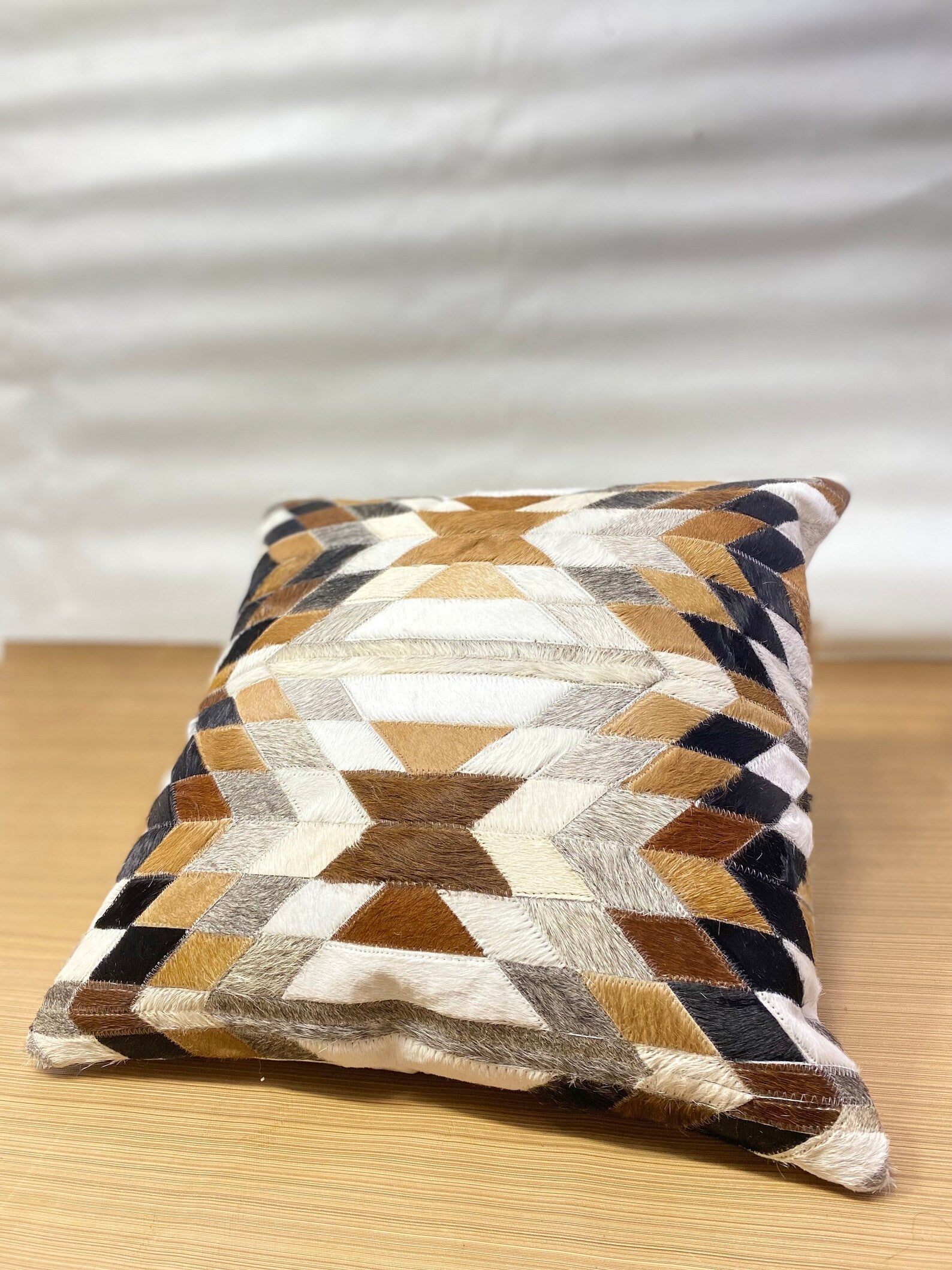 Geometric Cowhide Pillow Cover: Handmade Leather Patchwork Cushion