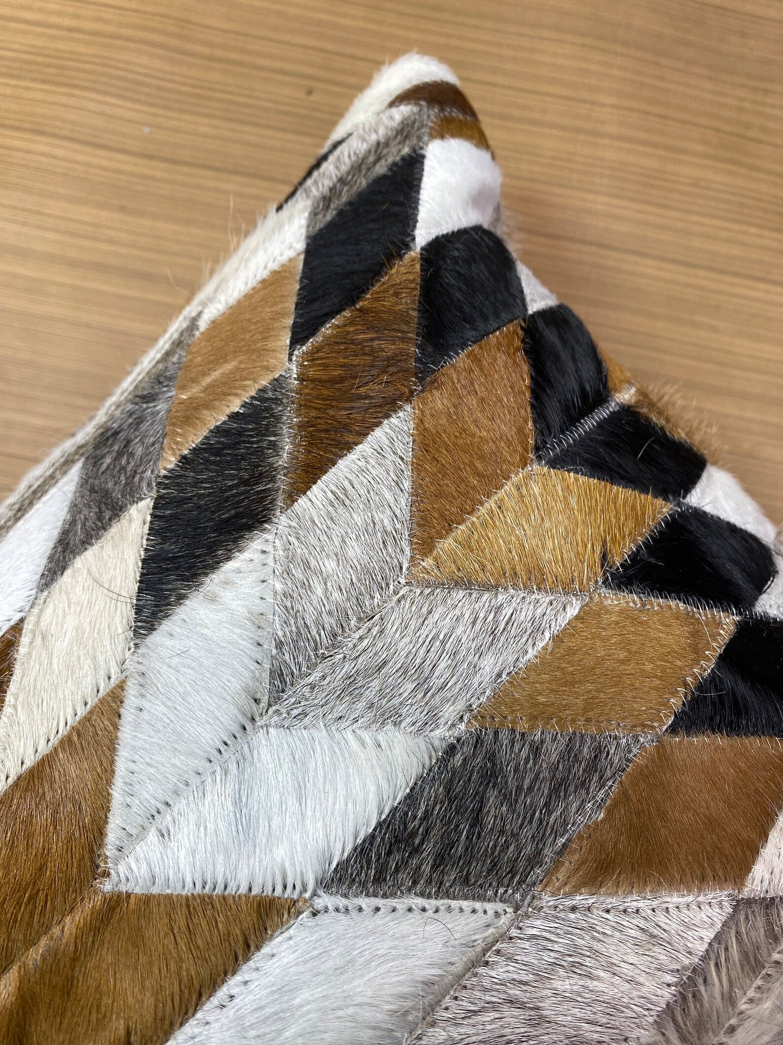 Geometric Cowhide Pillow Cover: Handmade Leather Patchwork Cushion