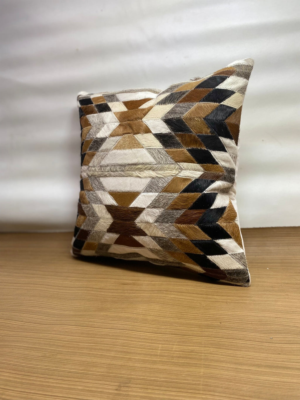 Geometric Cowhide Pillow Cover: Handmade Leather Patchwork Cushion