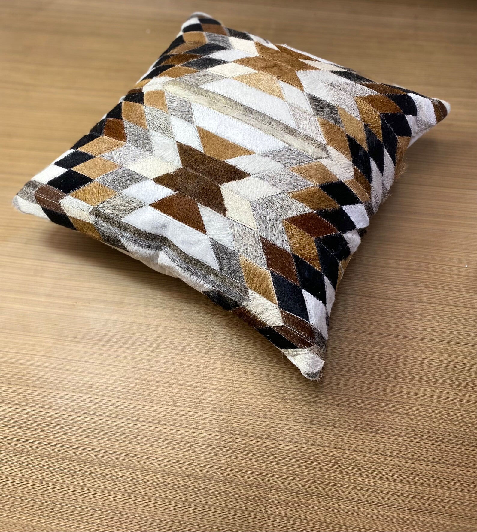 Geometric Cowhide Pillow Cover: Handmade Leather Patchwork Cushion
