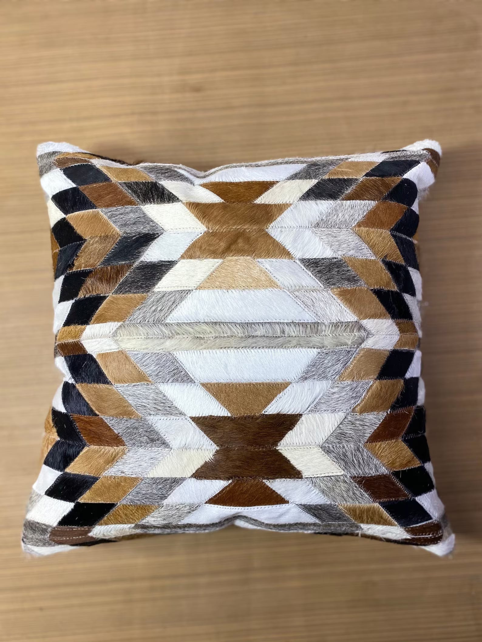 Geometric Cowhide Pillow Cover: Handmade Leather Patchwork Cushion