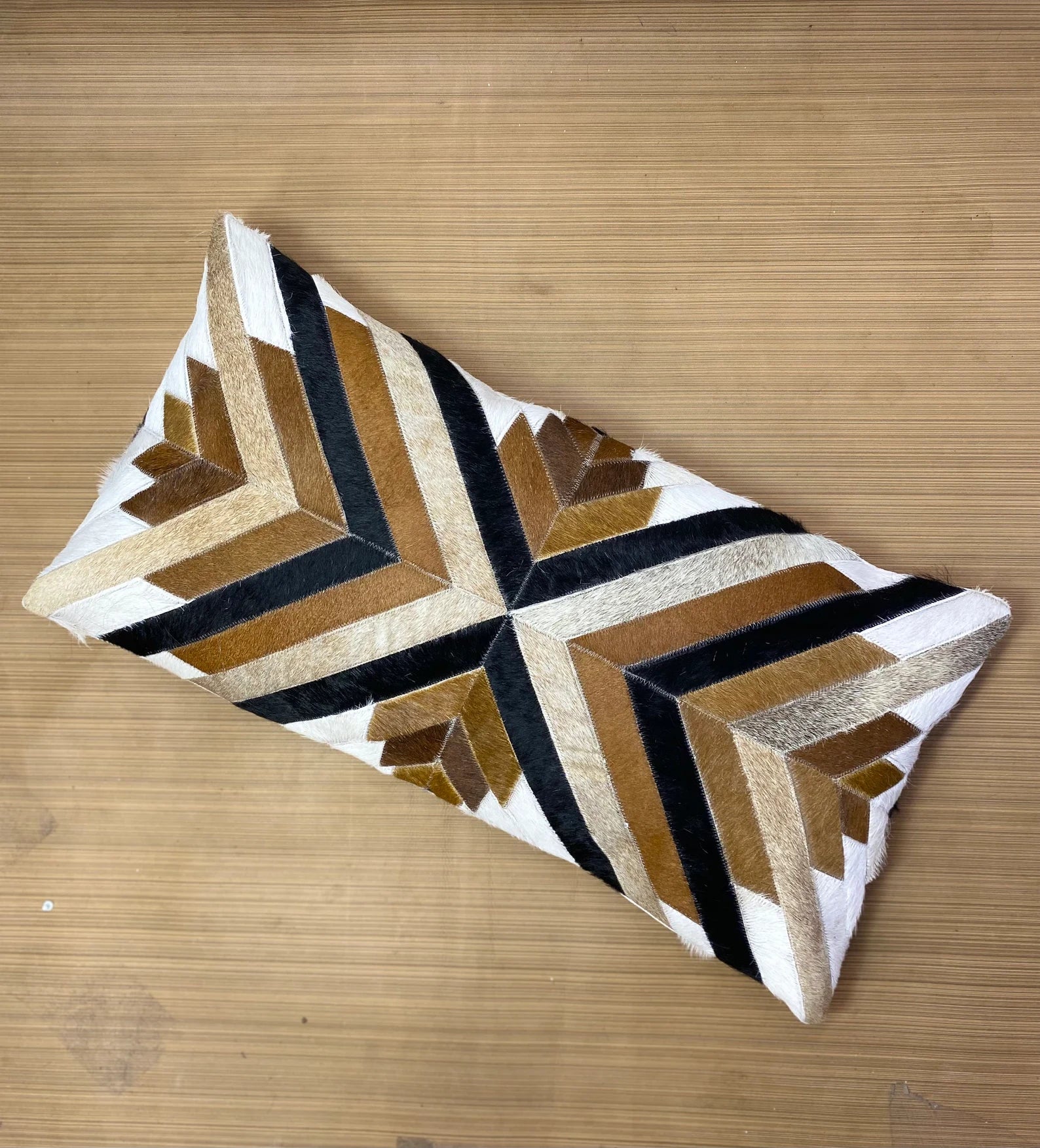 Handmade Cowhide Lumbar Pillow Cover: Geometric Patchwork Leather