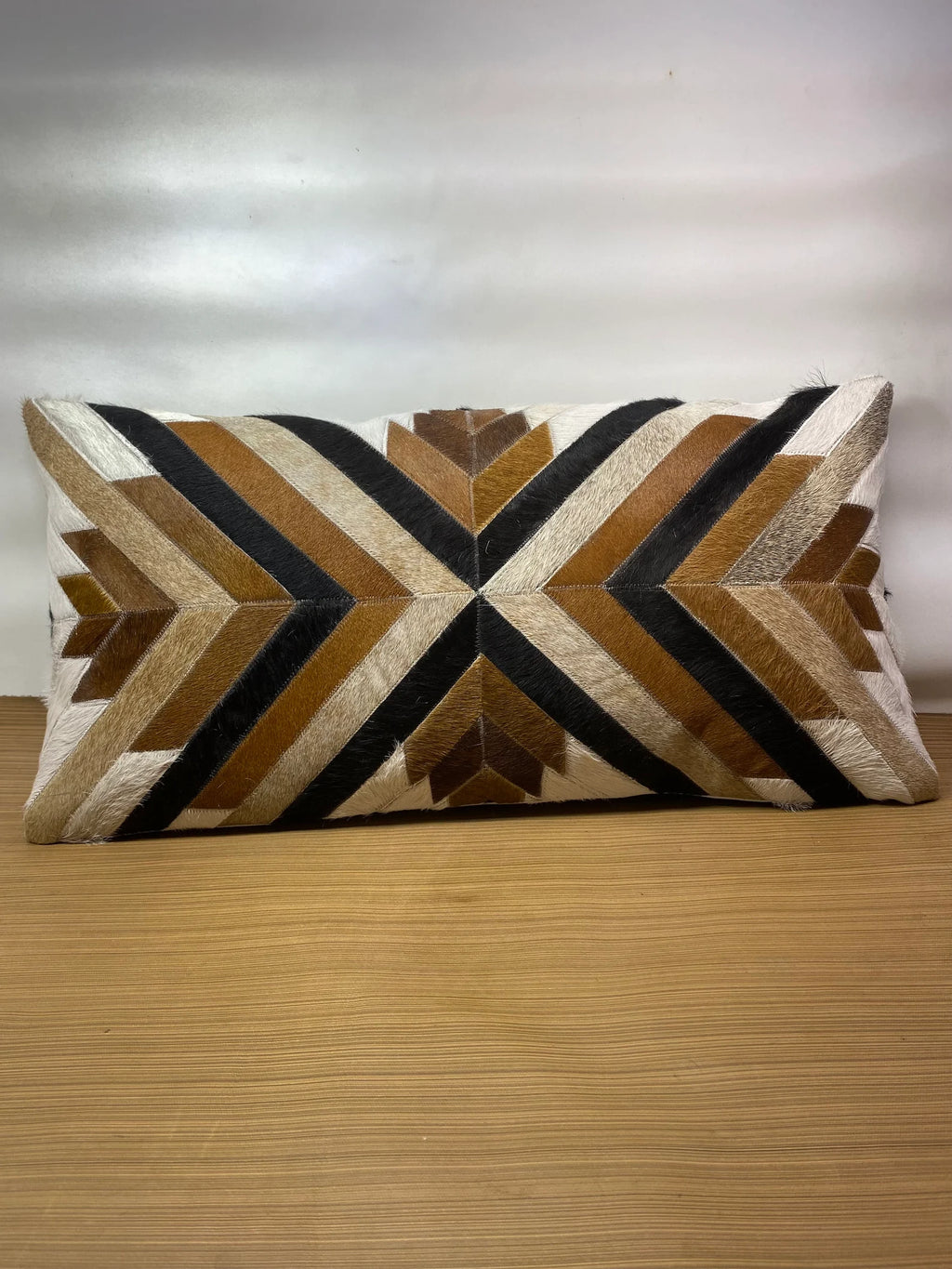 Handmade Cowhide Lumbar Pillow Cover: Geometric Patchwork Leather