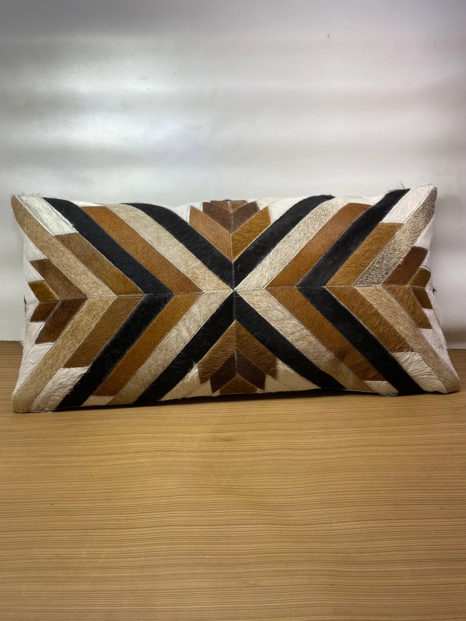 Handmade Cowhide Lumbar Pillow Cover: Geometric Patchwork Leather