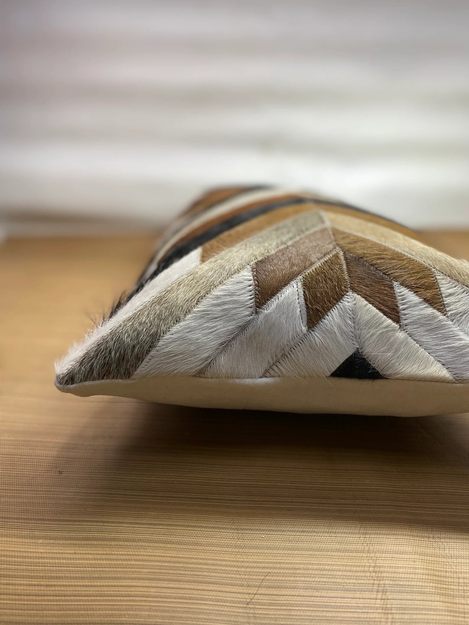Handmade Cowhide Lumbar Pillow Cover: Geometric Patchwork Leather