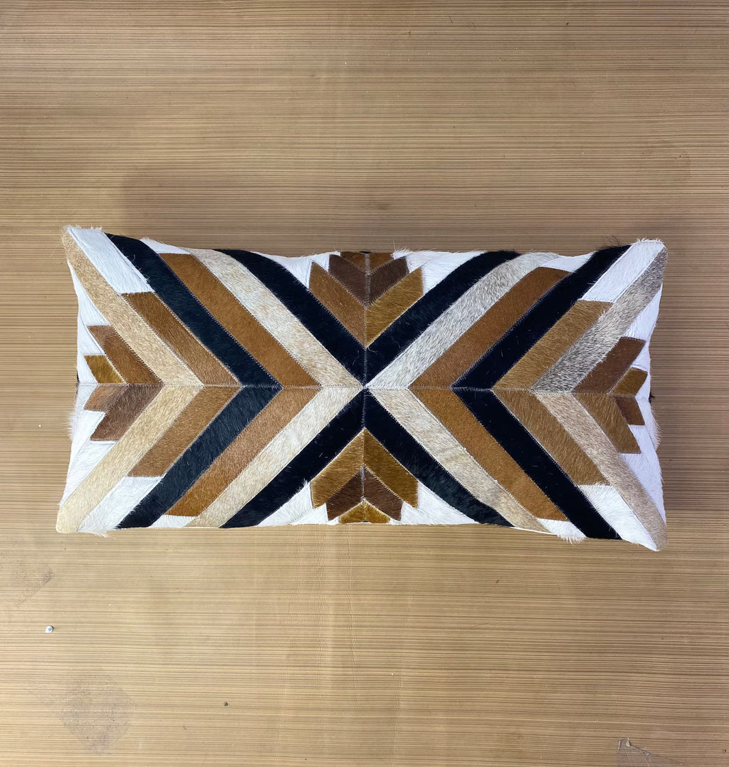 Handmade Cowhide Lumbar Pillow Cover: Geometric Patchwork Leather