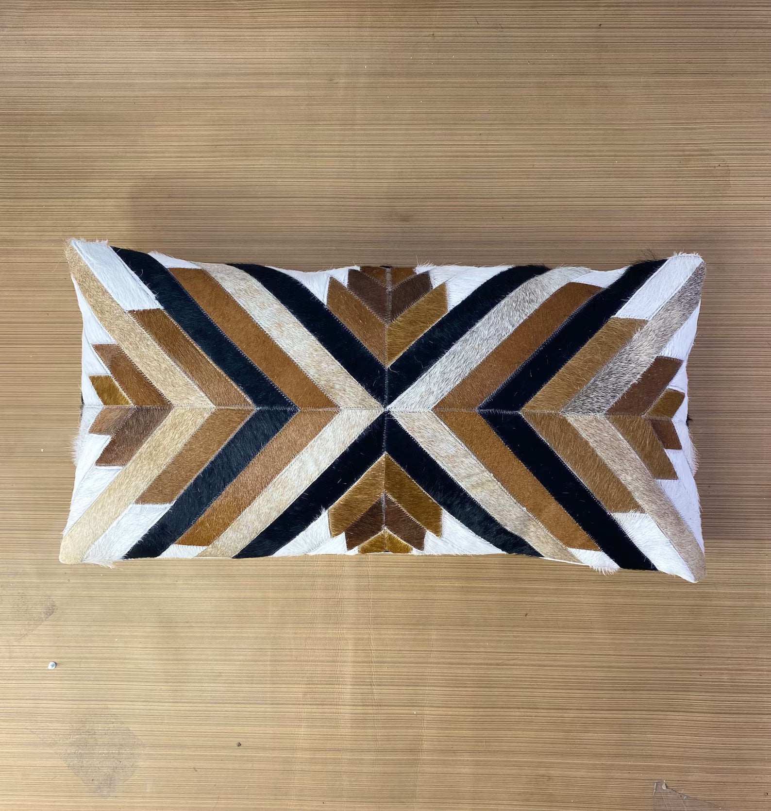 Handmade Cowhide Lumbar Pillow Cover: Geometric Patchwork Leather