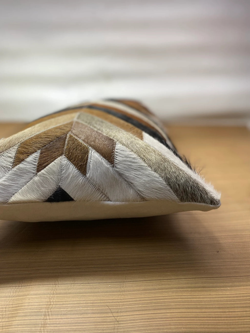 Handmade Cowhide Lumbar Pillow Cover: Geometric Patchwork Leather