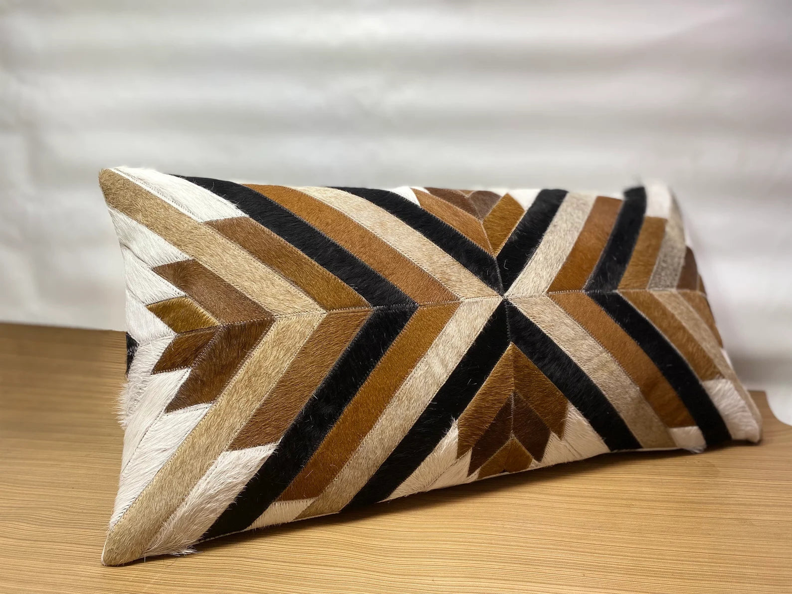 Handmade Cowhide Lumbar Pillow Cover: Geometric Patchwork Leather