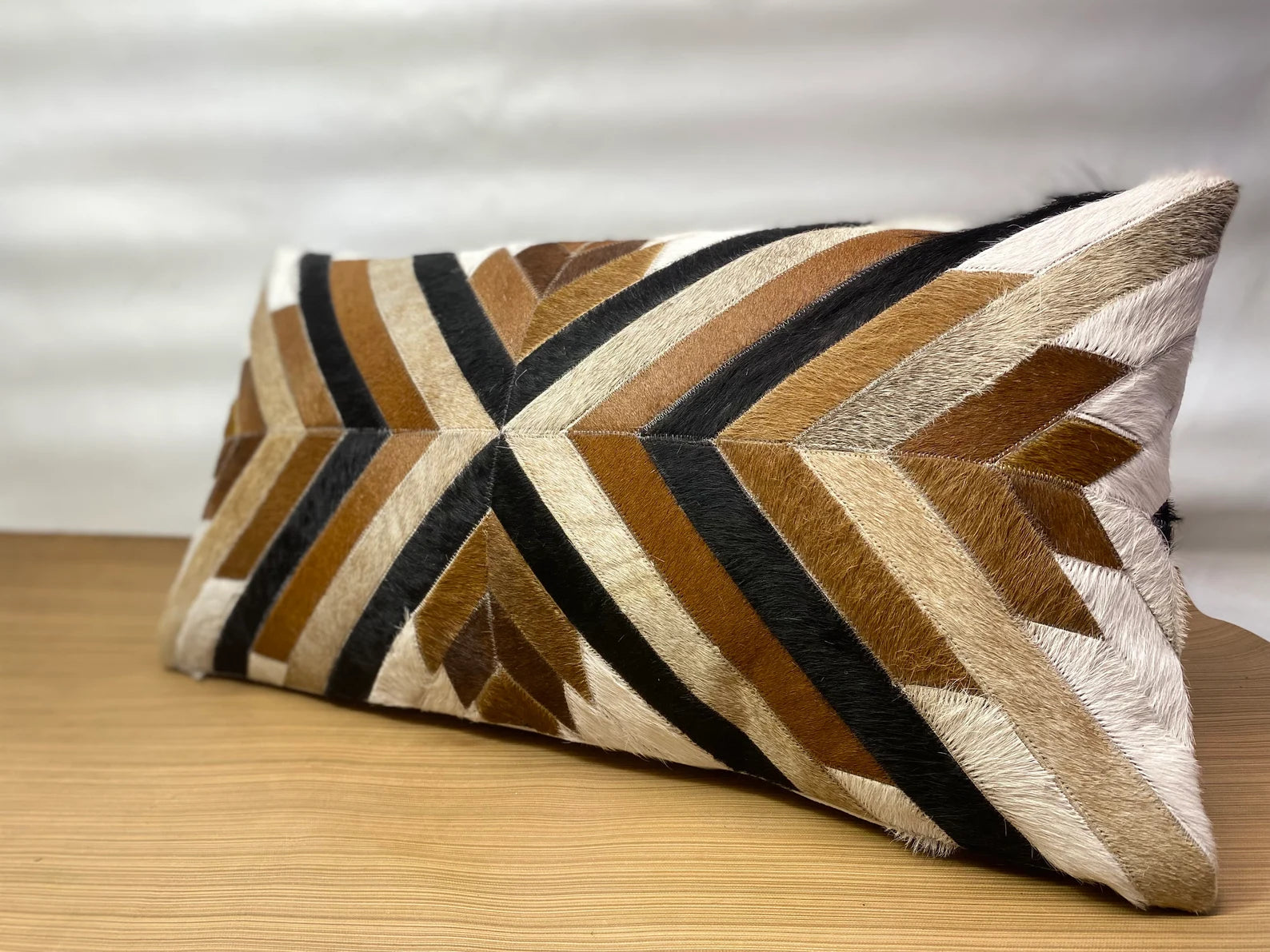 Handmade Cowhide Lumbar Pillow Cover: Geometric Patchwork Leather