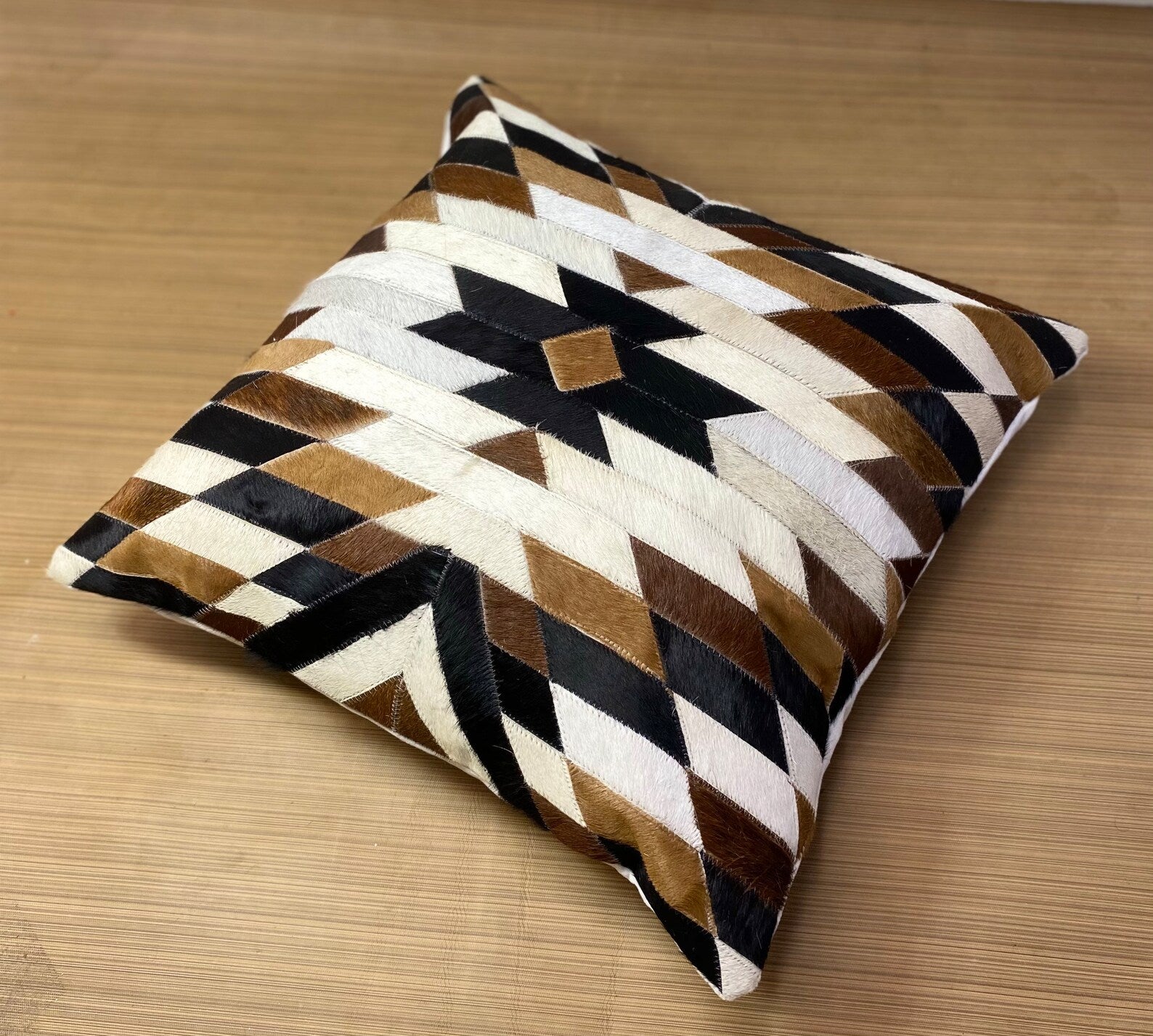 Handmade Cowhide Pillow Cover: Hair On Leather Patchwork Cushion