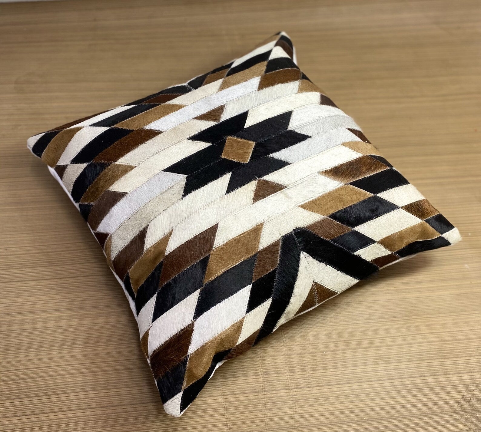 Handmade Cowhide Pillow Cover: Hair On Leather Patchwork Cushion