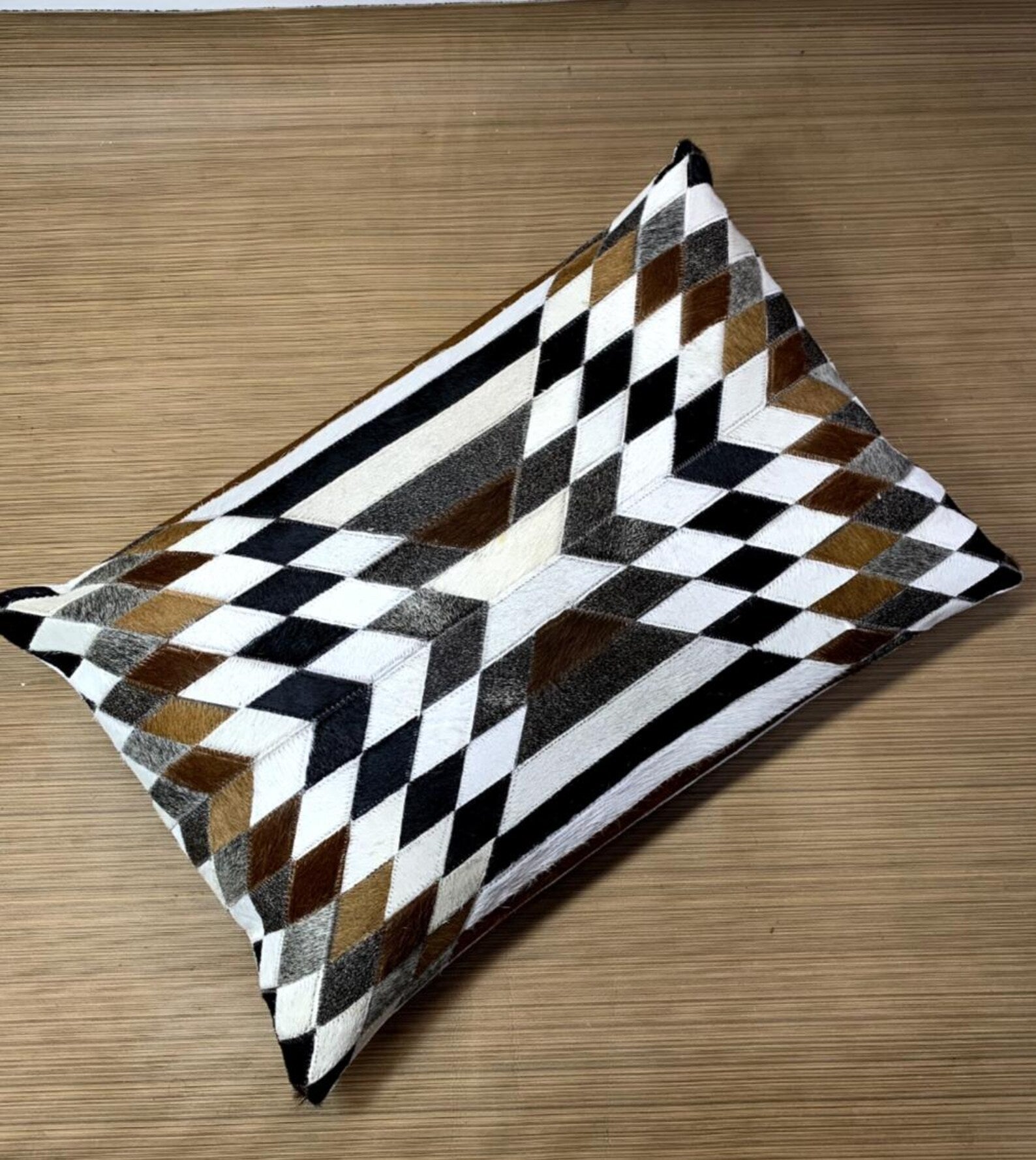 Handmade Cowhide Lumbar Pillow Cover: Hair-on-Hide Leather, Geometric Patchwork
