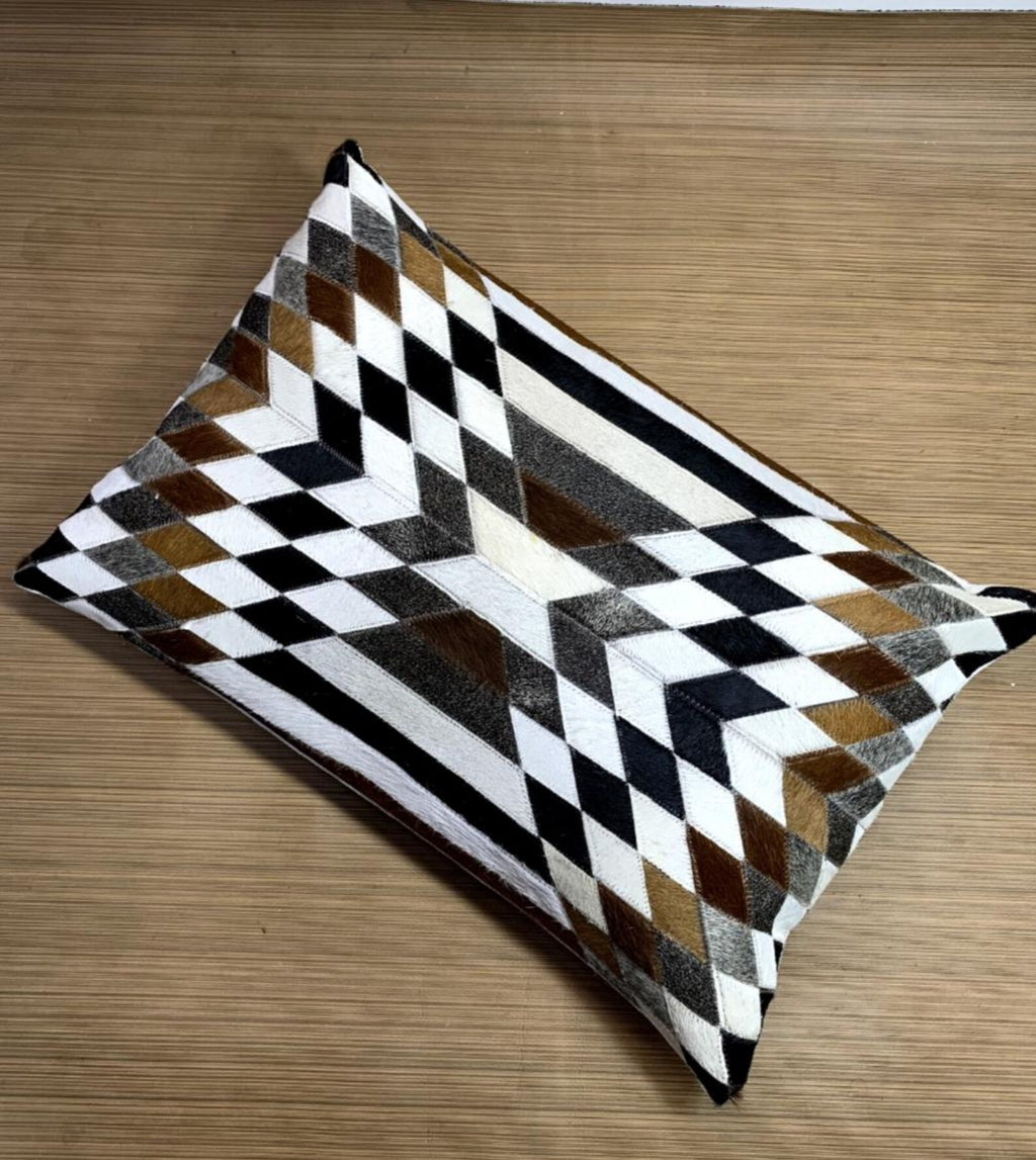 Handmade Cowhide Lumbar Pillow Cover: Hair-on-Hide Leather, Geometric Patchwork
