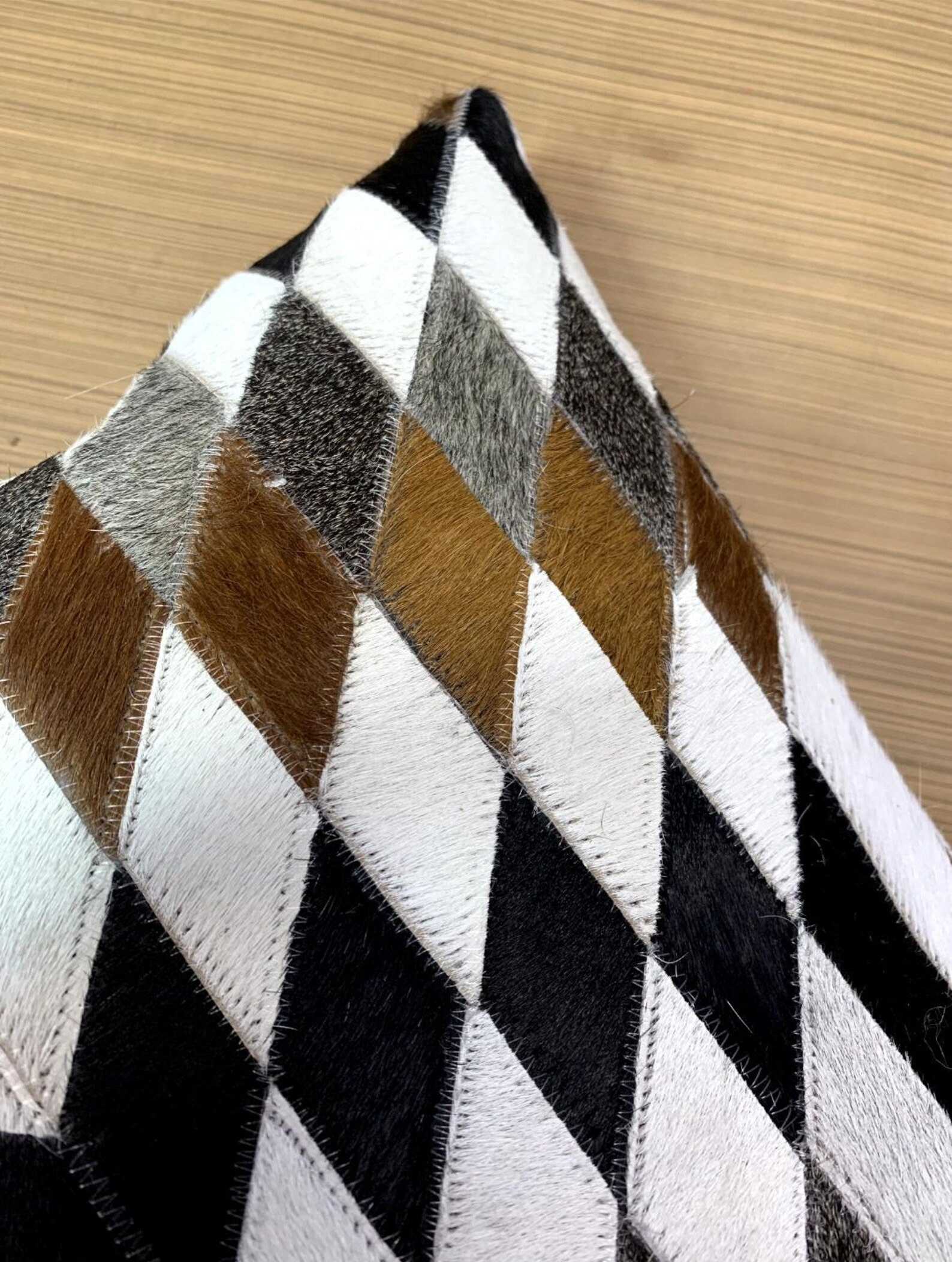 Handmade Cowhide Lumbar Pillow Cover: Hair-on-Hide Leather, Geometric Patchwork