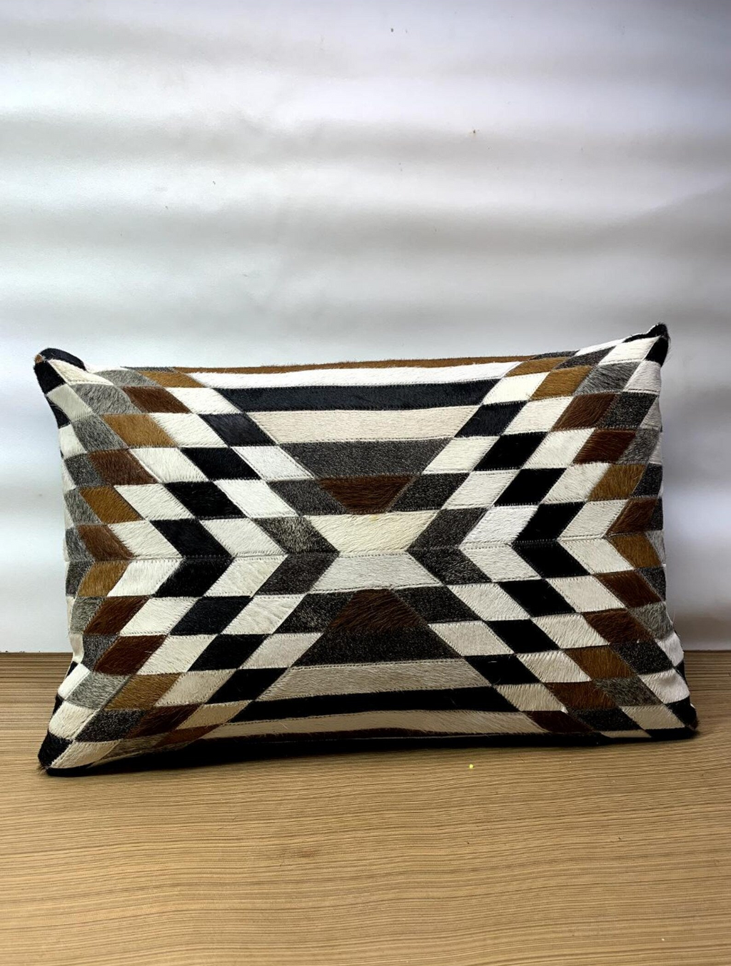 Handmade Cowhide Lumbar Pillow Cover: Hair-on-Hide Leather, Geometric Patchwork