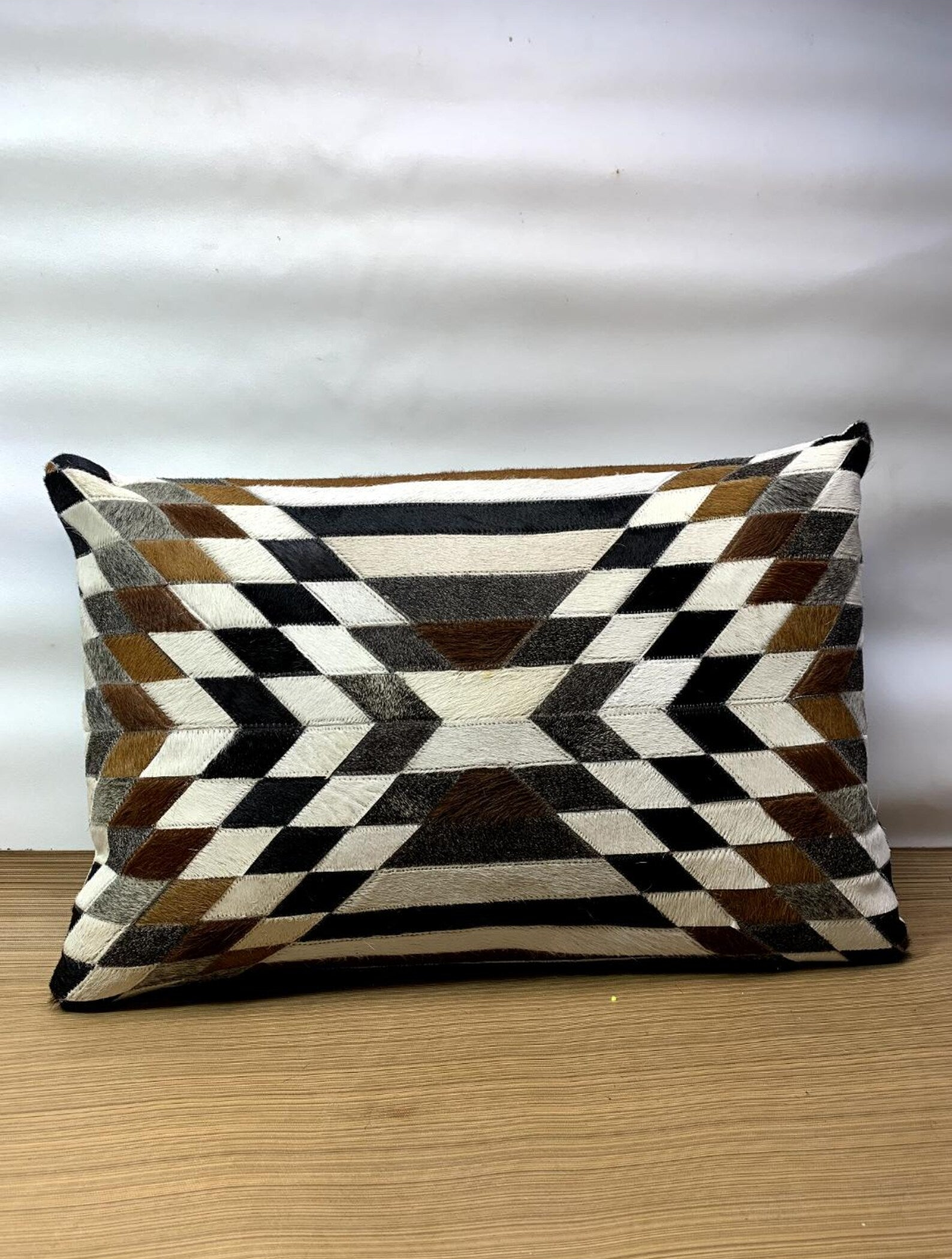 Handmade Cowhide Lumbar Pillow Cover: Hair-on-Hide Leather, Geometric Patchwork