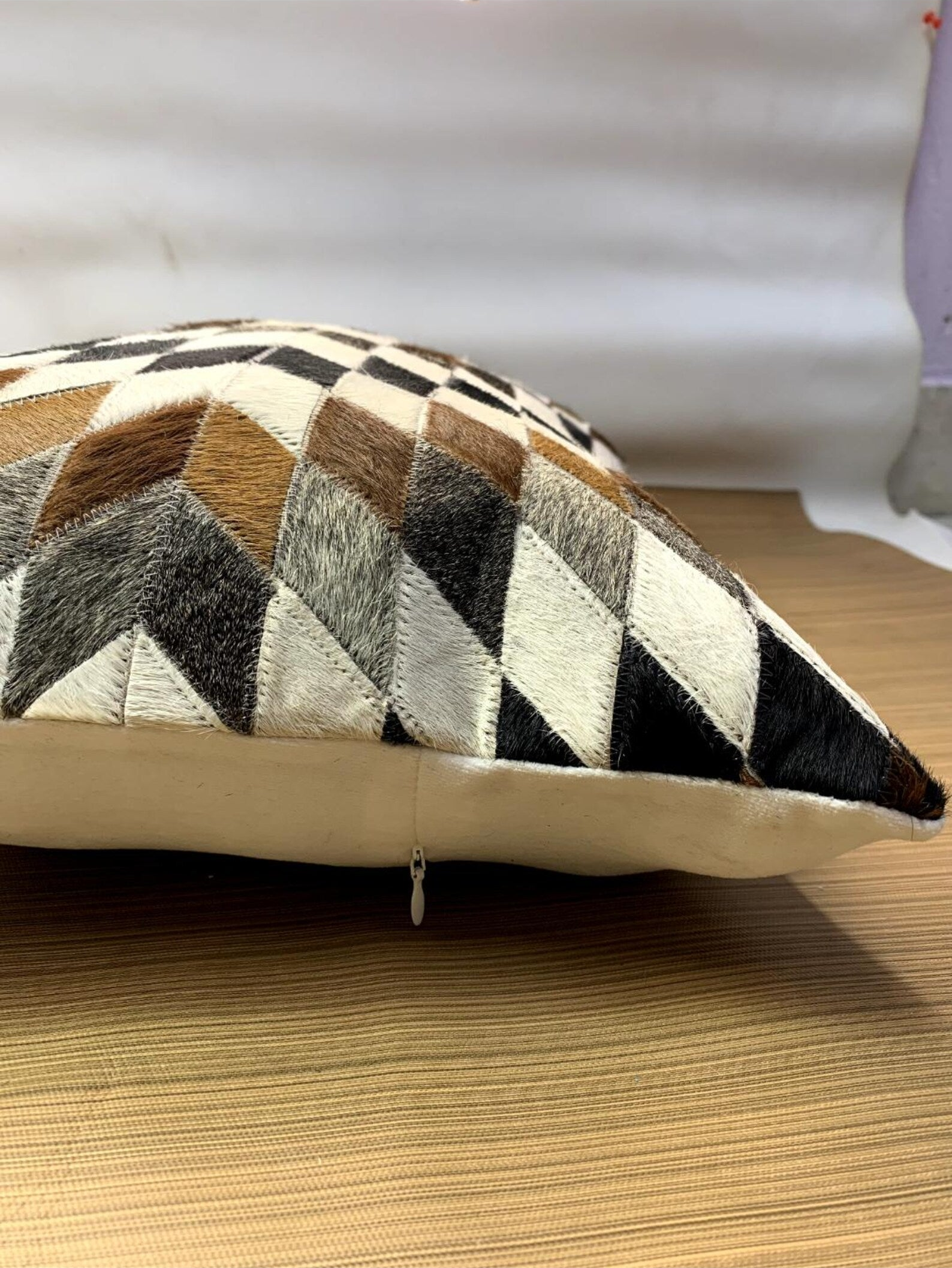 Handmade Cowhide Lumbar Pillow Cover: Hair-on-Hide Leather, Geometric Patchwork