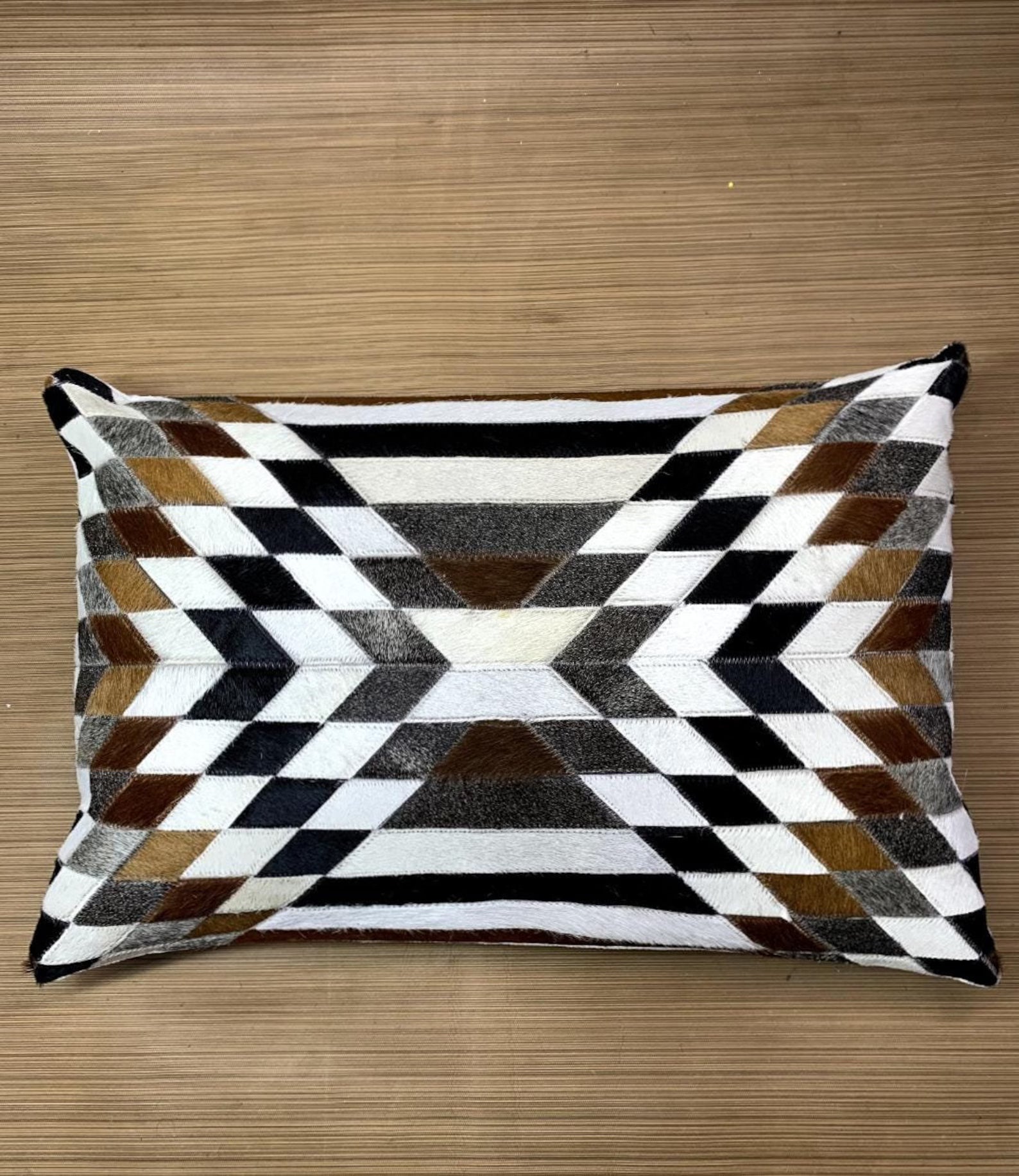 Handmade Cowhide Lumbar Pillow Cover: Hair-on-Hide Leather, Geometric Patchwork