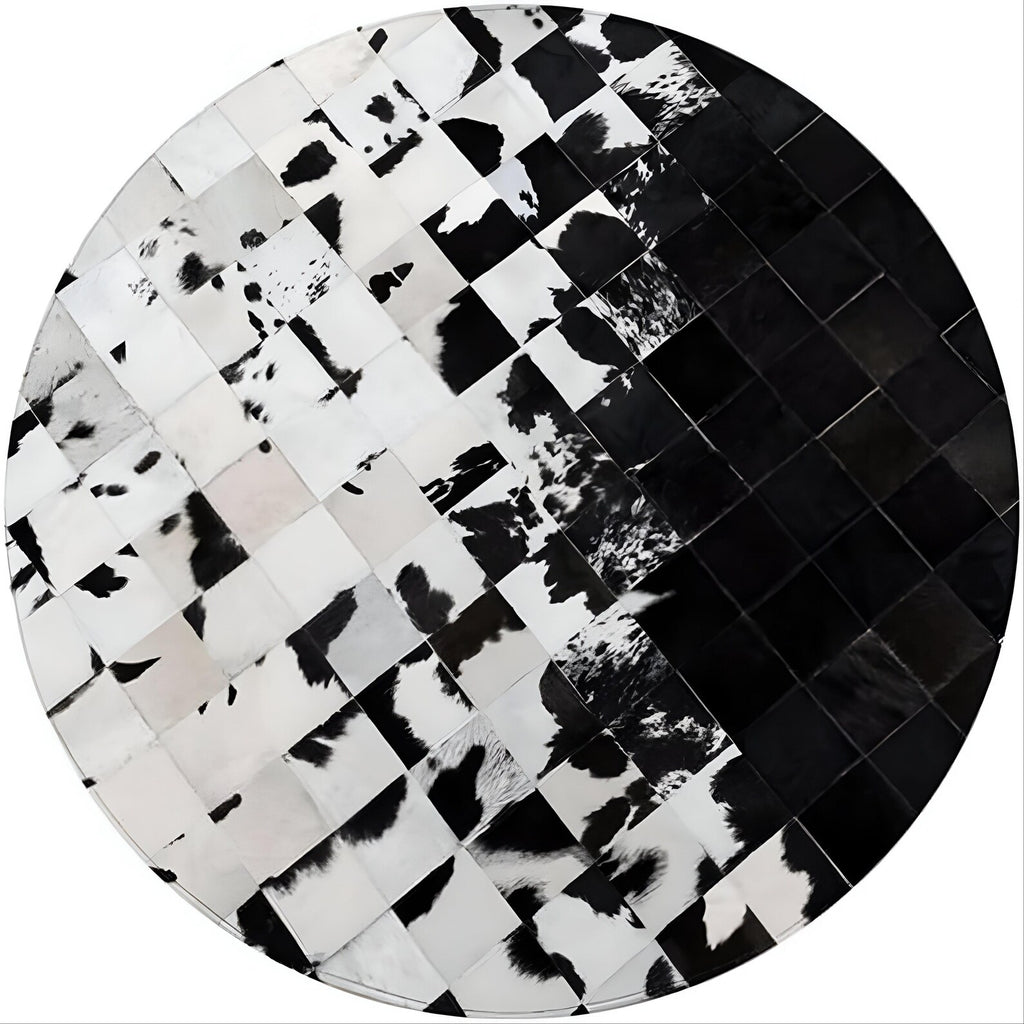 Round Cowhide Patchwork Rug: Black and White Leather Area Rug