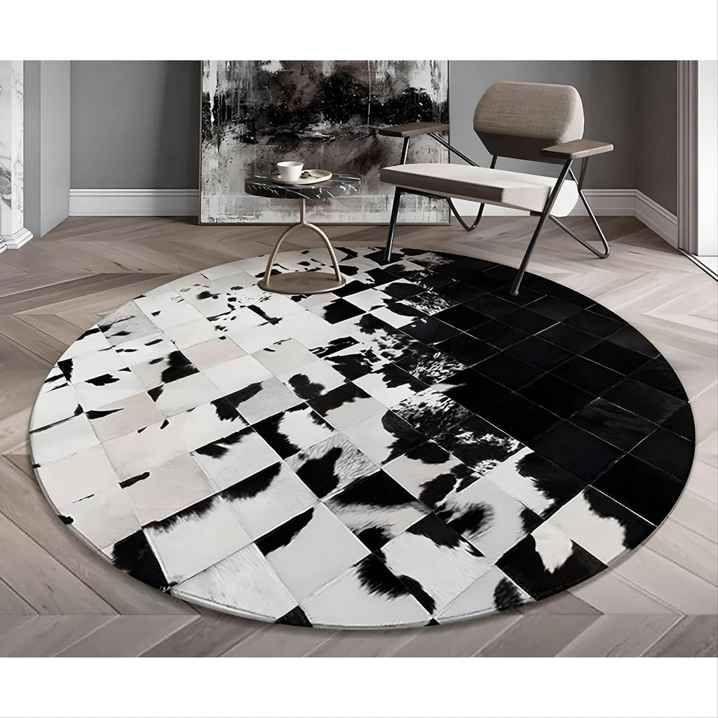 Round Cowhide Patchwork Rug: Black and White Leather Area Rug