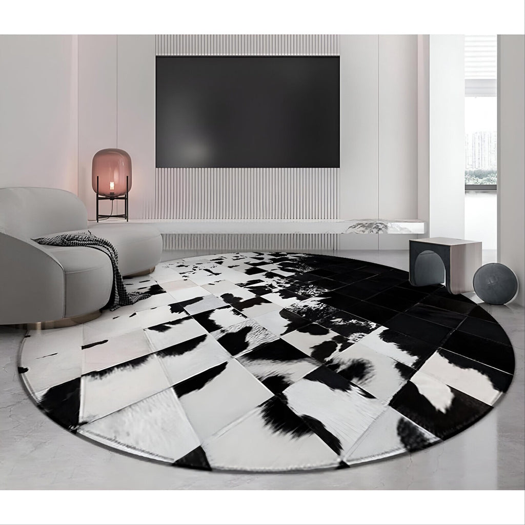 Round Cowhide Patchwork Rug: Black and White Leather Area Rug
