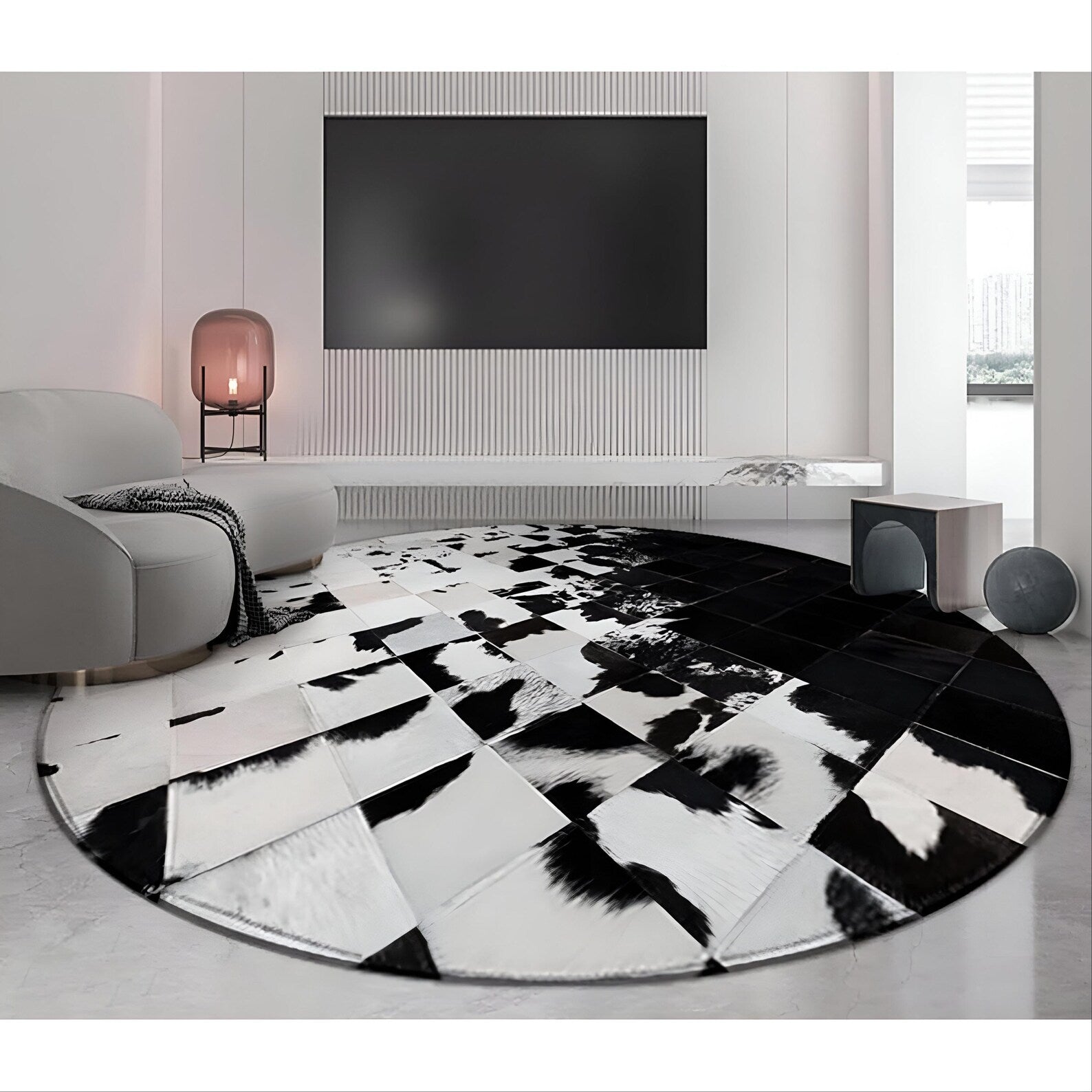 Round Cowhide Patchwork Rug: Black and White Leather Area Rug