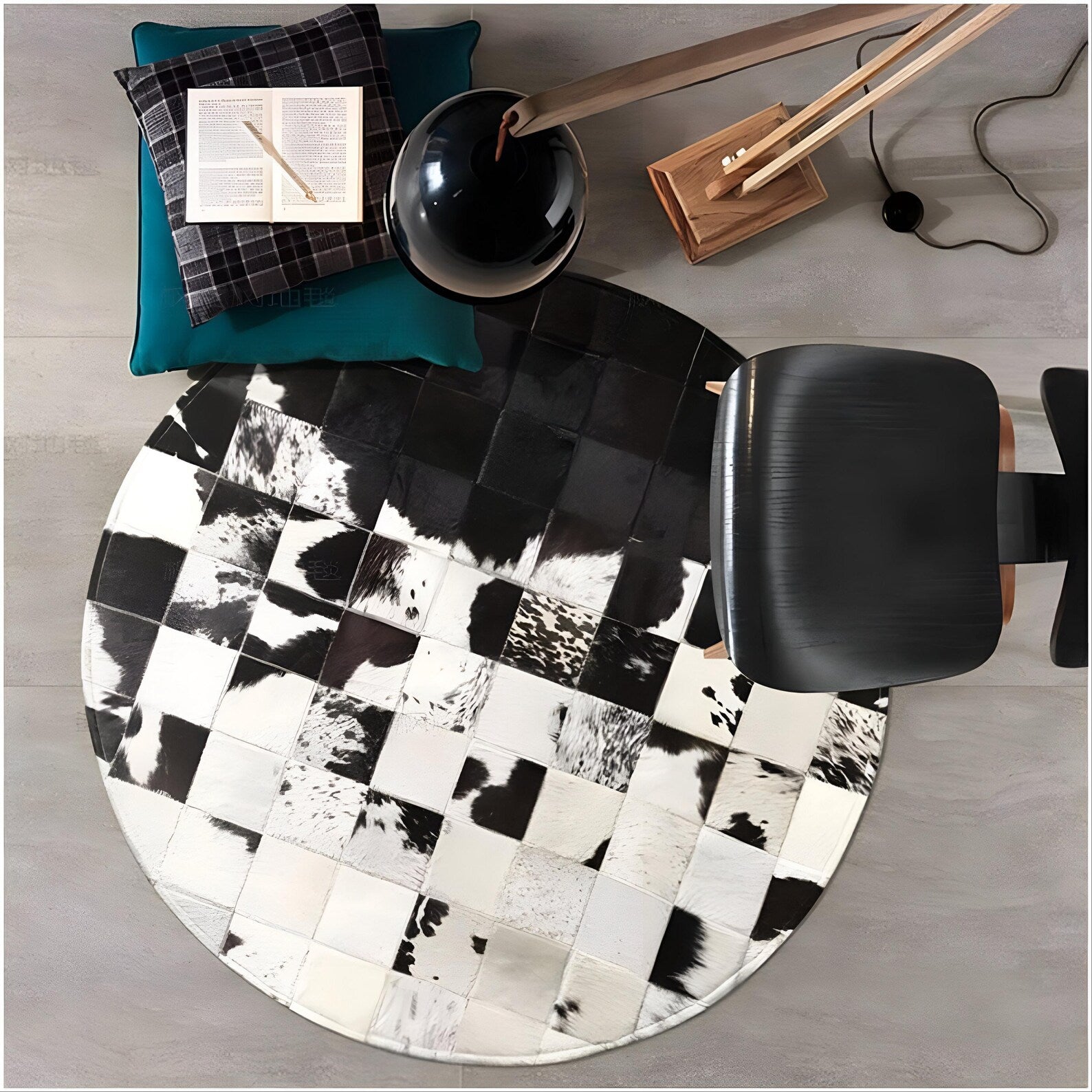 Round Cowhide Patchwork Rug: Black and White Leather Area Rug