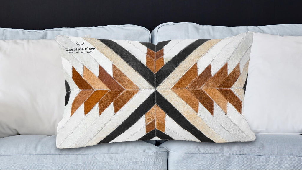 Cowhide Lumbar Pillow Cover: Hair-on Leather, White, Brown &amp; Tan