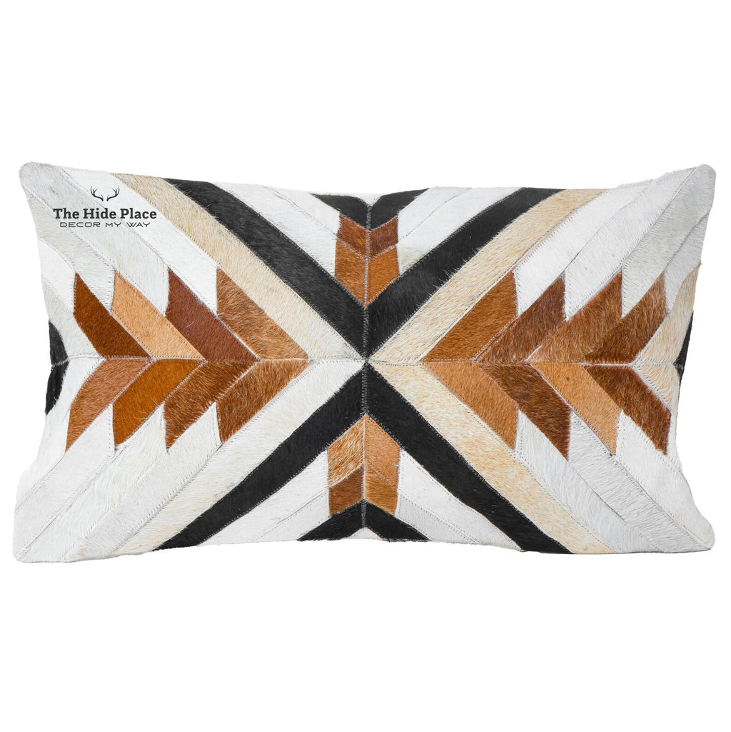 Cowhide Lumbar Pillow Cover: Hair-on Leather, White, Brown &amp; Tan