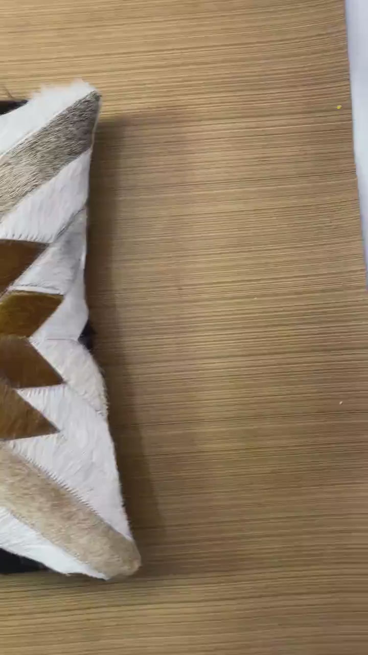 Handmade Cowhide Lumbar Pillow Cover: Geometric Patchwork Leather